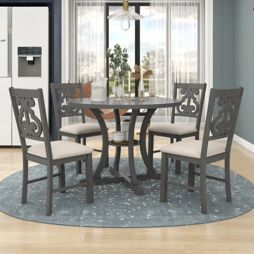 TREXM Antique Style 5 Pc Round Dining Table Set - Gray