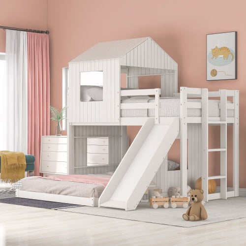 Lucky Furniture Playhouse Twin Over Full Wooden Bunk Bed with Guardrails - White