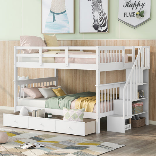 Stairway Full-over-Full Bunk Bed with Drawer - White - primary color shot