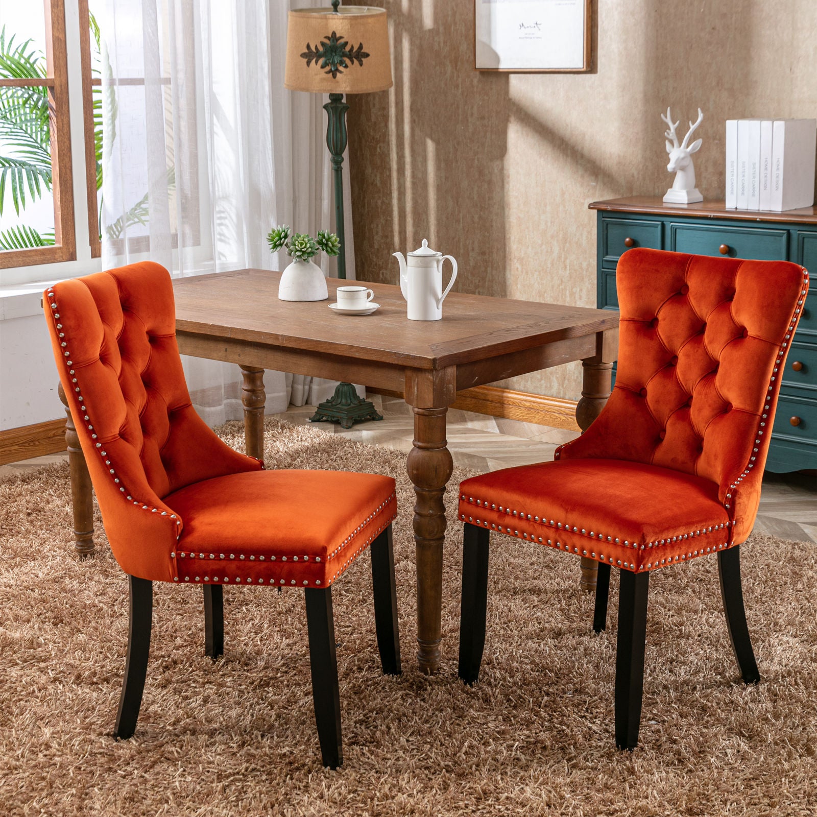 Nikki Tufted Dining Chair with Black Legs in Orange Velvet Set of 2