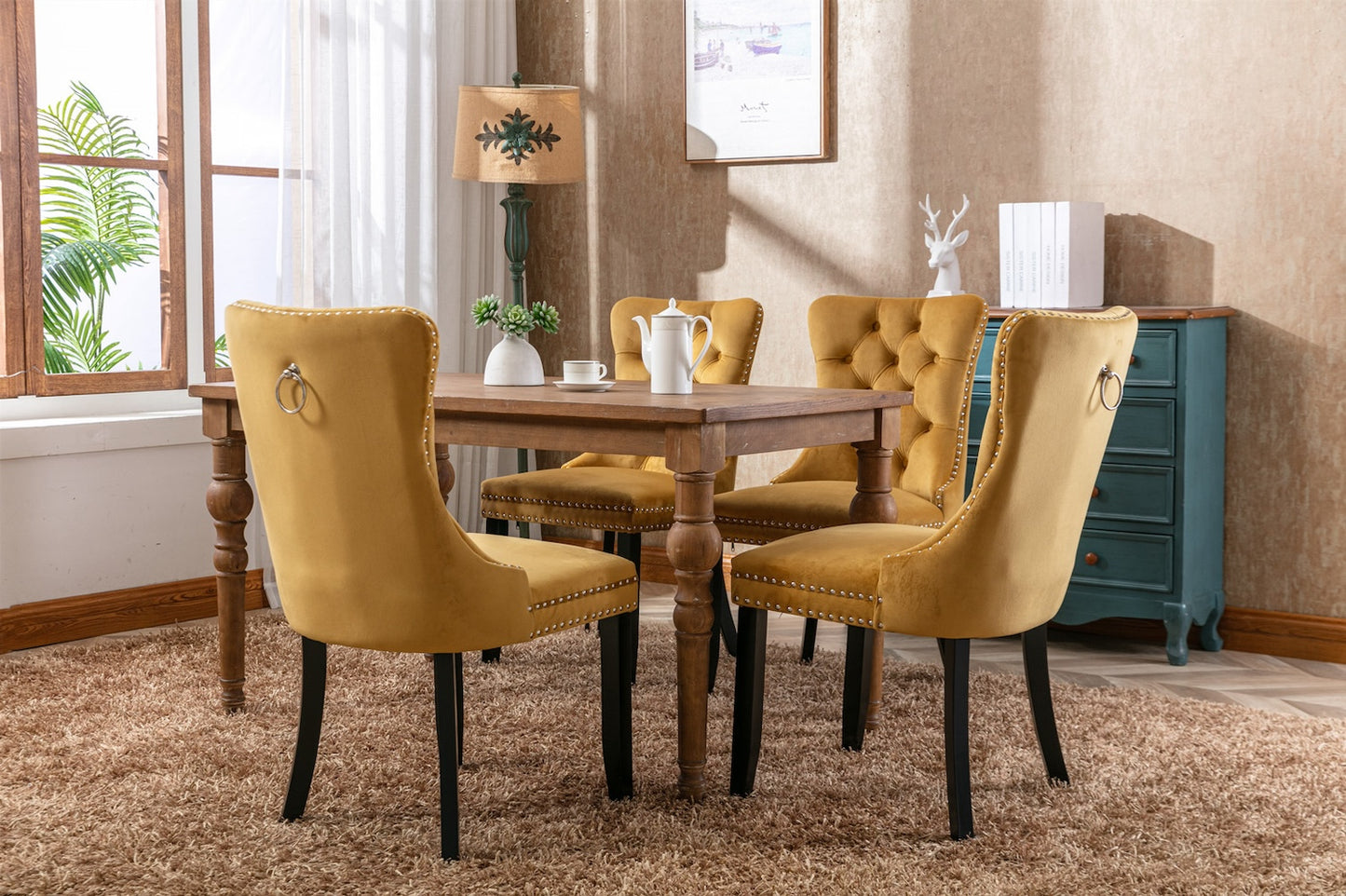 Nikki Tufted Dining Chair with Black Legs in Gold Velvet Set of 2