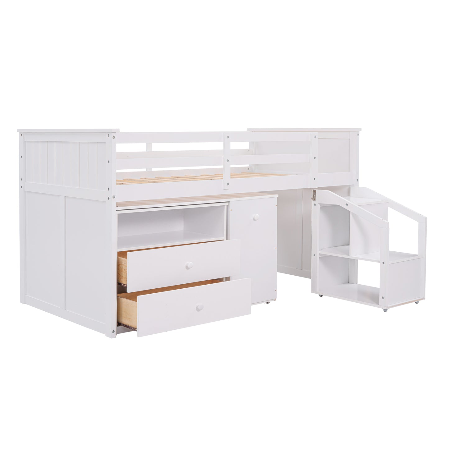Lucky Twin Size Loft Bed with Storage & Desk - White