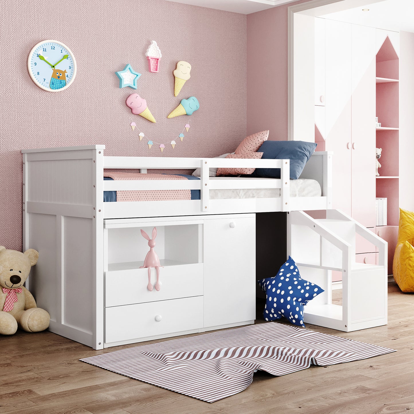 Lucky Twin Size Loft Bed with Storage & Desk - White