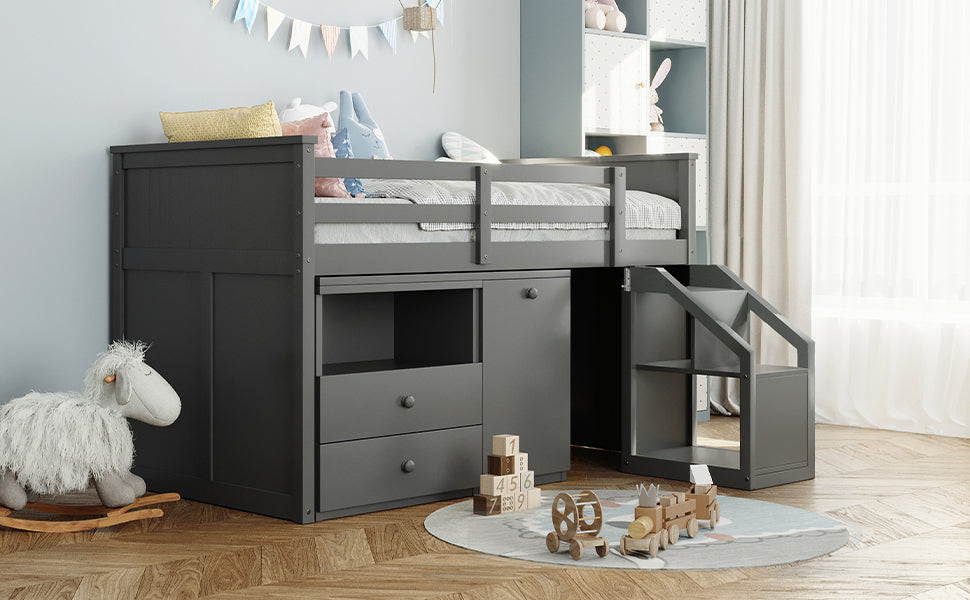 Lucky Twin Size Loft Bed with Storage & Desk - Gray