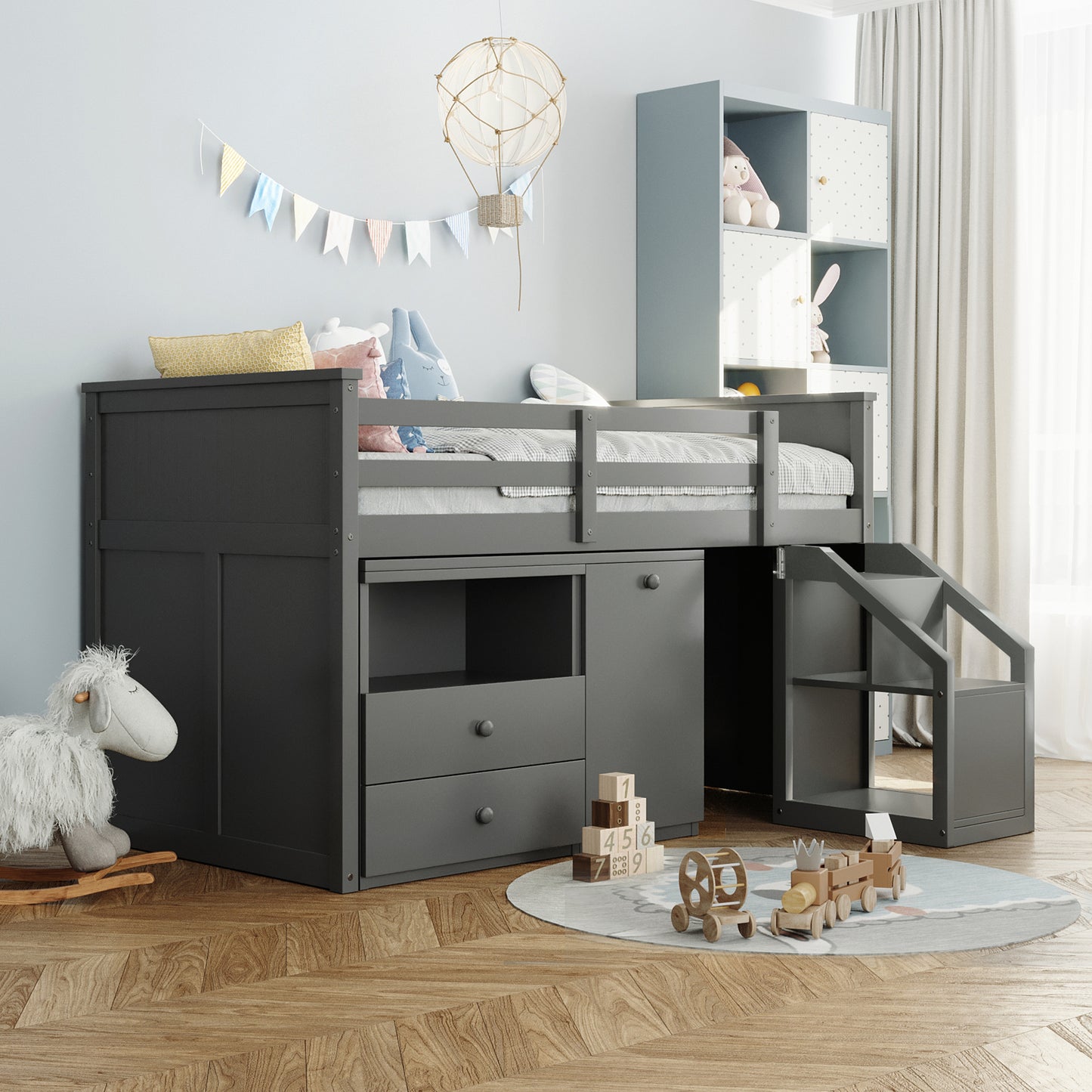 Lucky Twin Size Loft Bed with Storage & Desk - Gray
