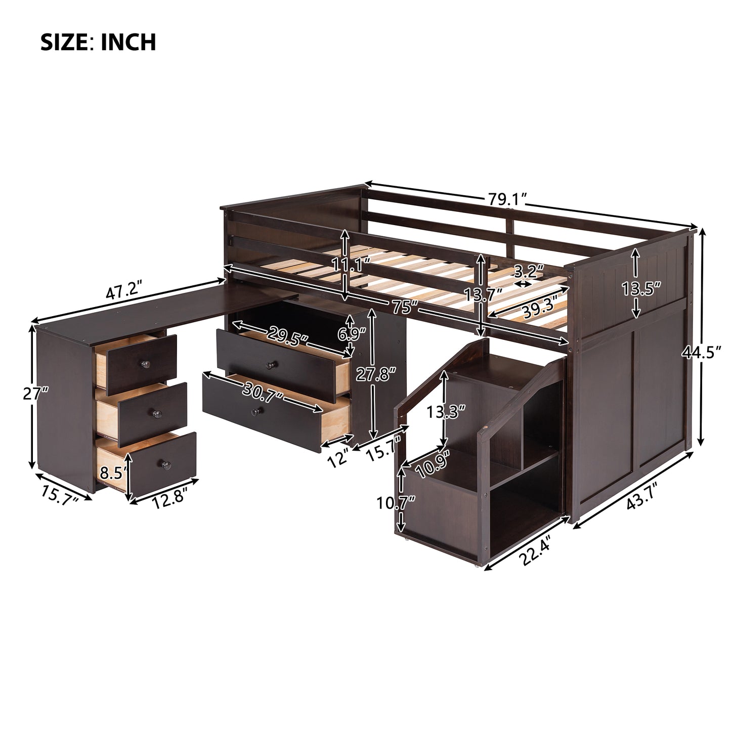 Lucky Twin Size Loft Bed with Storage & Desk - Espresso