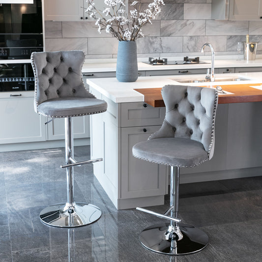 A&A Furniture Velvet Swivel Bar Stools with Silver Base Set of 2 - Gray
