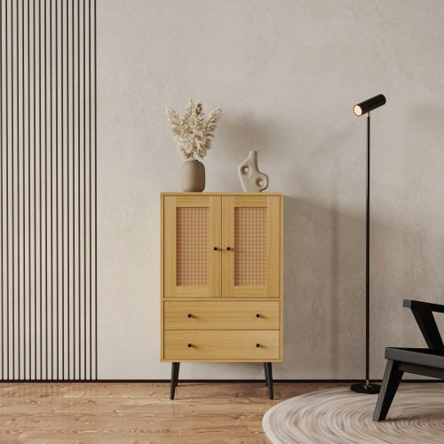 Joysource Furniture Contemporary Rattan 2 Door Sideboard Cabinet - Oak