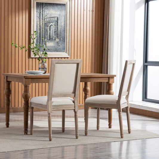 WeeHaa French Style Solid Wood Frame Antique Linen Fabric Square Back Dining Chair Set of 2