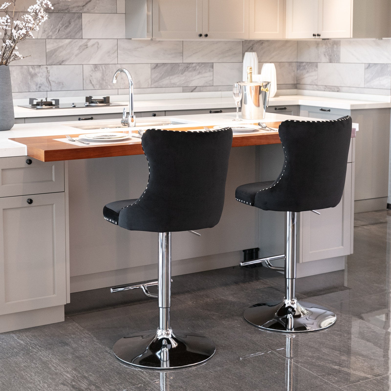 A&A Furniture Velvet Swivel Bar Stools with Silver Base Set of 2 - Black