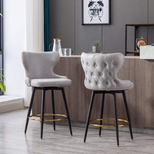Natalia Modern Leatherette Bar Stools with Gold Footrest Set of 2 - Light Gray