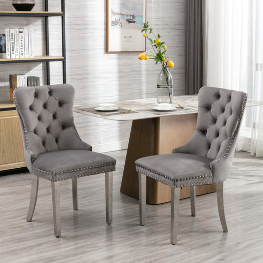 Nikki Tufted Dining Chair with Silver Legs in Gray Velvet Set of 2