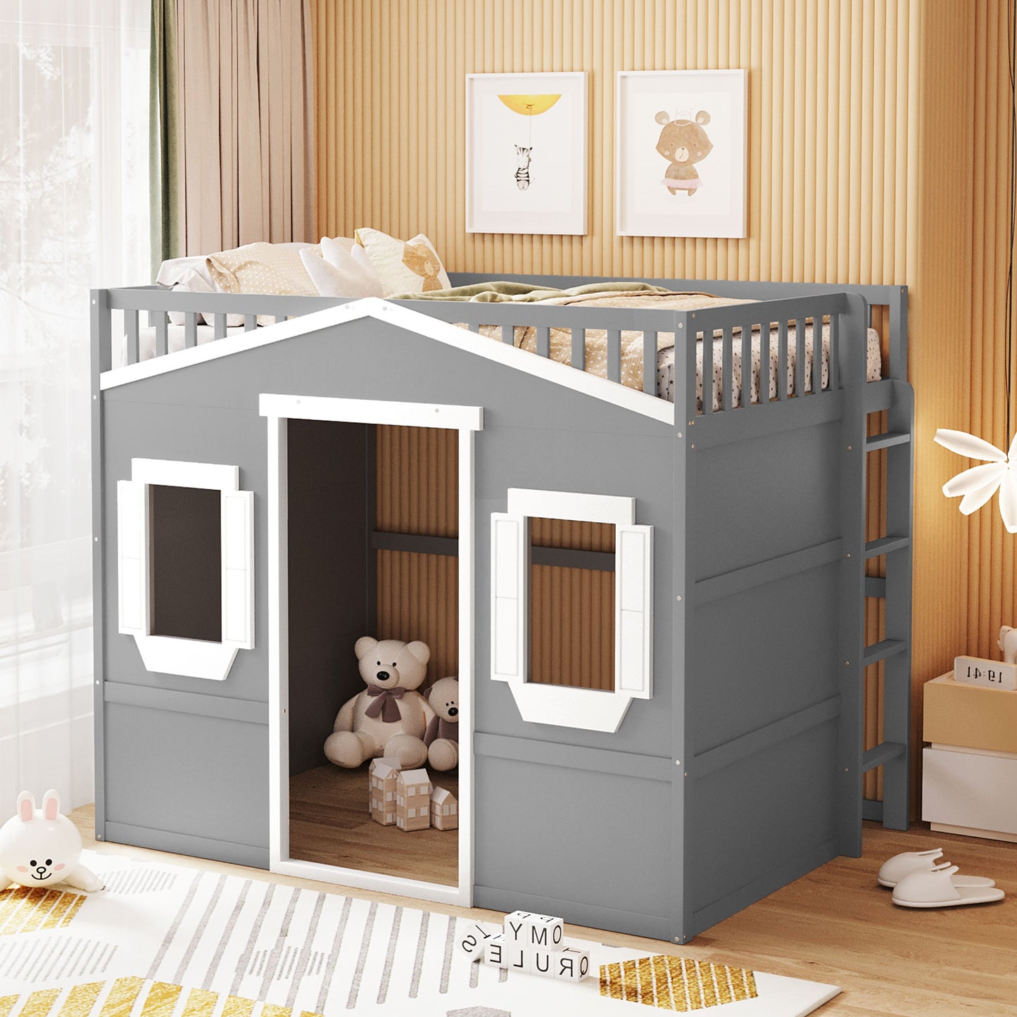 Homey Life House Loft Bed With Ladder- Gray & White