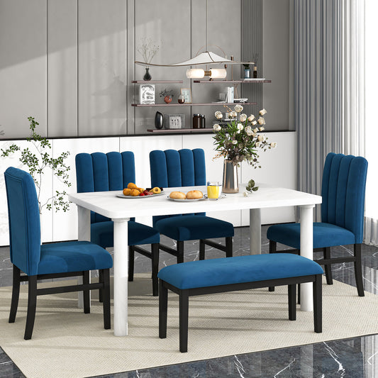 Trexm 6-Piece Transitional Faux Marble Dining Set - White & Blue