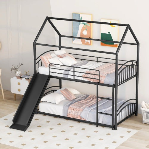 Lucky Furniture Playhouse Design Twin Over Twin Metal Bunk Bed - Black