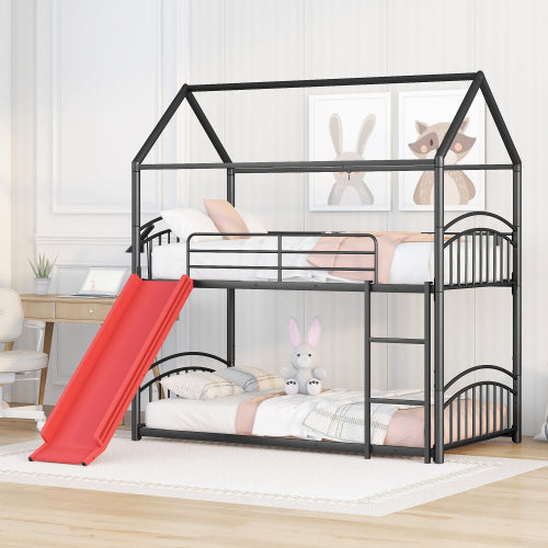 Lucky Furniture Playhouse Design Twin Over Twin Metal Bunk Bed - Black & Red