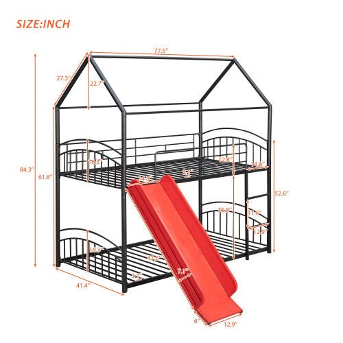 Lucky Furniture Playhouse Design Twin Over Twin Metal Bunk Bed - Black & Red