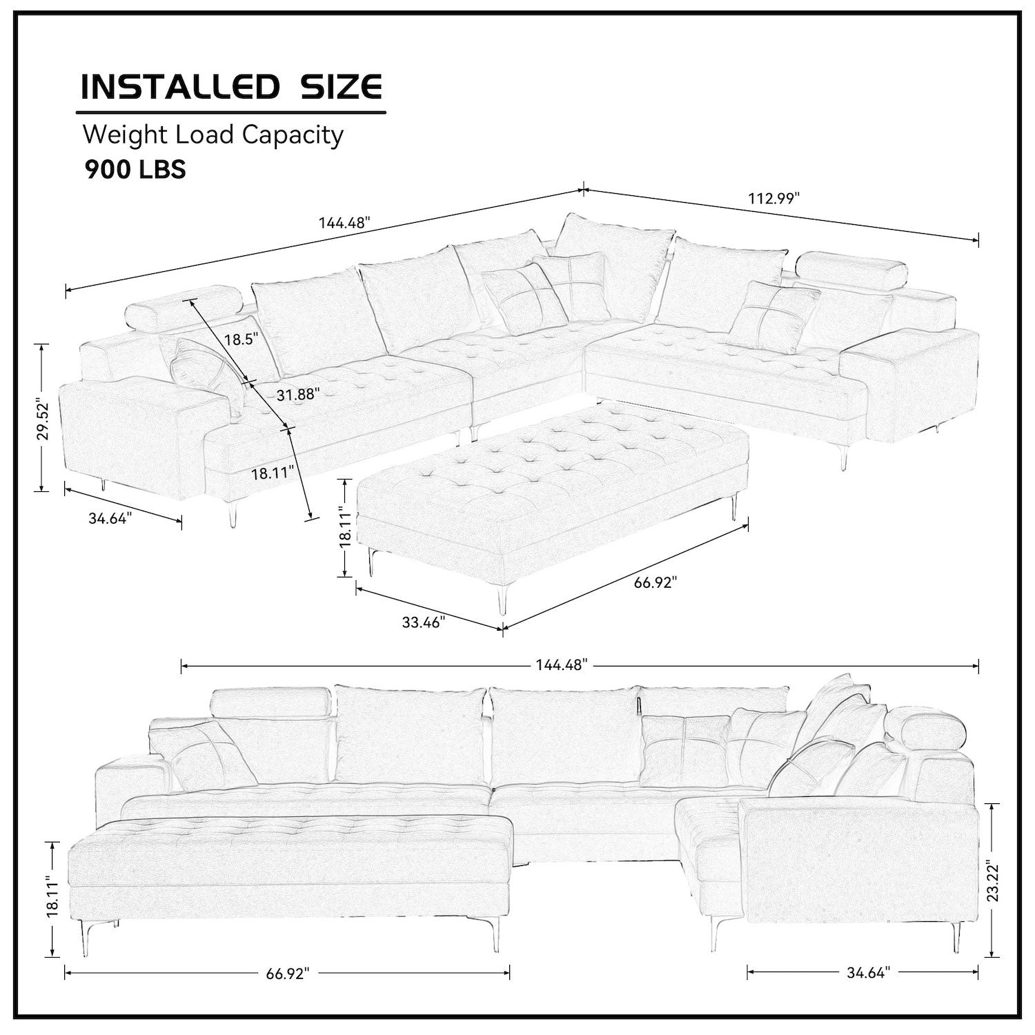 Justone Interior 144" Modern Reversible Sectional Sofa in Dark Gray Linen