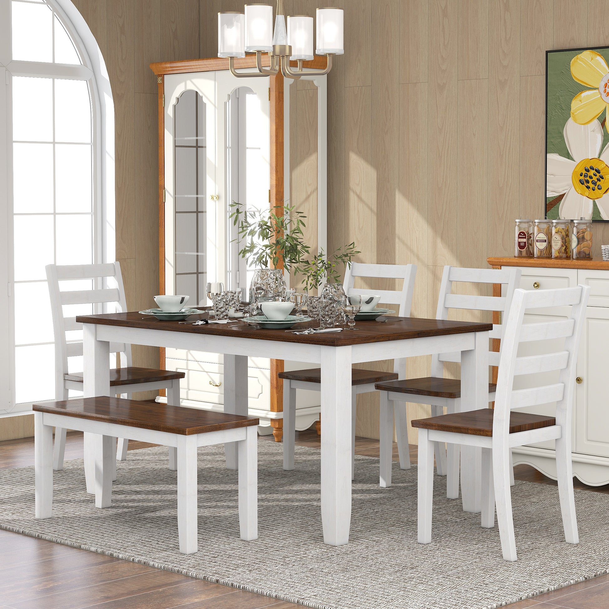 TREXM Rustic Style 6-Piece Dining Room Table Set with 4 Ergonomic Designed Chairs & a Bench Walnut + Cottage White