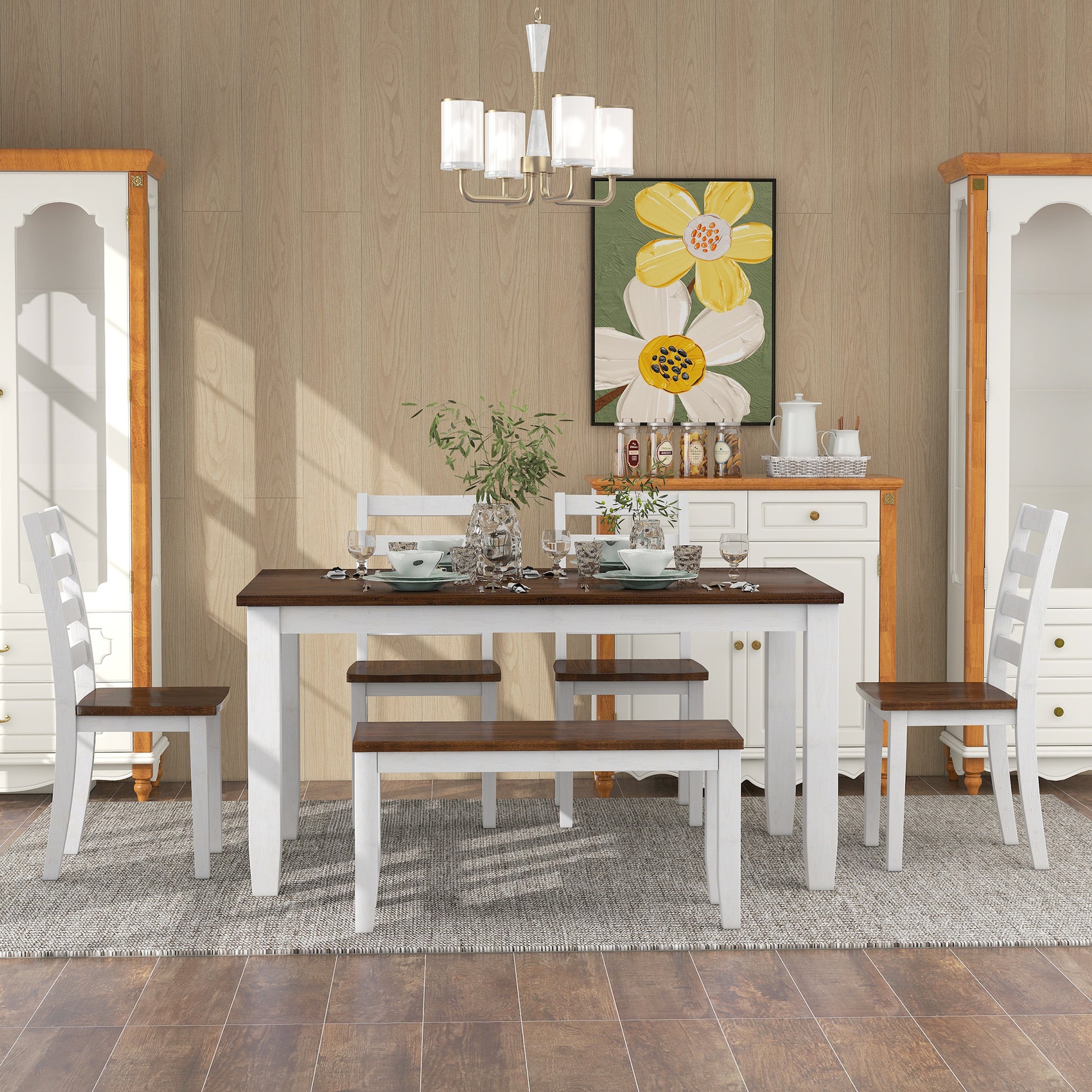 TREXM Rustic Style 6-Piece Dining Room Table Set with 4 Ergonomic Designed Chairs & a Bench Walnut + Cottage White