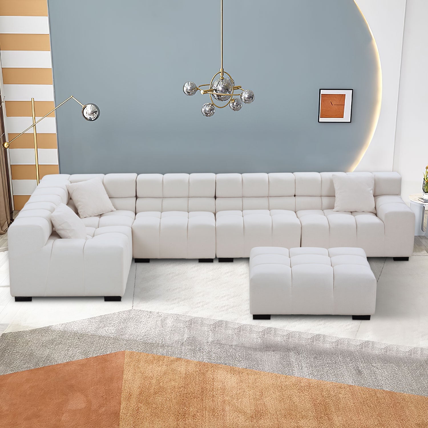 Justone Interior Modern Oversize Sectional & Ottoman Set - Beige