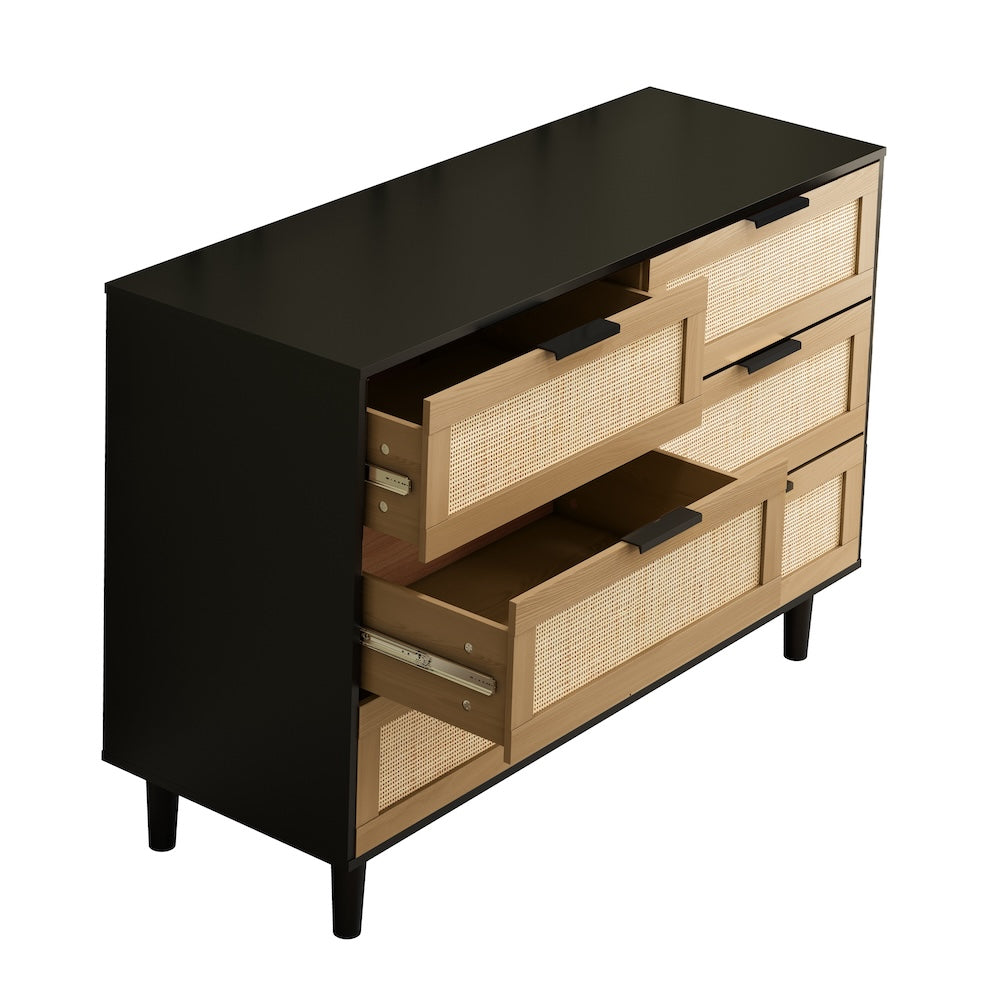 Cosyliving 6-Drawer Dresser with Rattan Drawer Fronts - Black & Oak