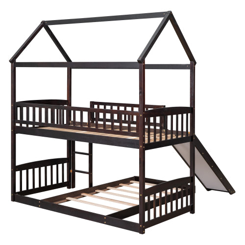 Lucky Furniture Playhouse Twin Over Twin House Bed with Slide - Espresso