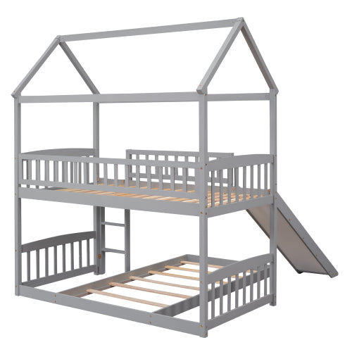 Lucky Furniture Playhouse Twin Over Twin House Bed with Slide - Gray