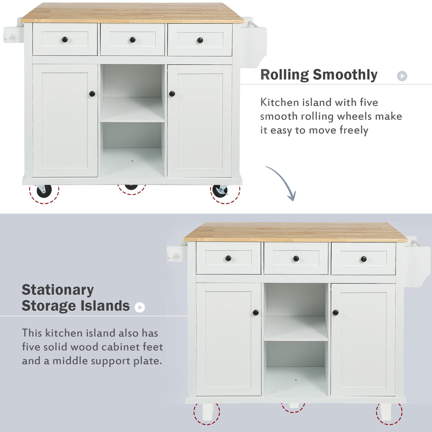 Kitchen Cart with Rubber Wood Drop-Leaf Countertop - White - detail view 7