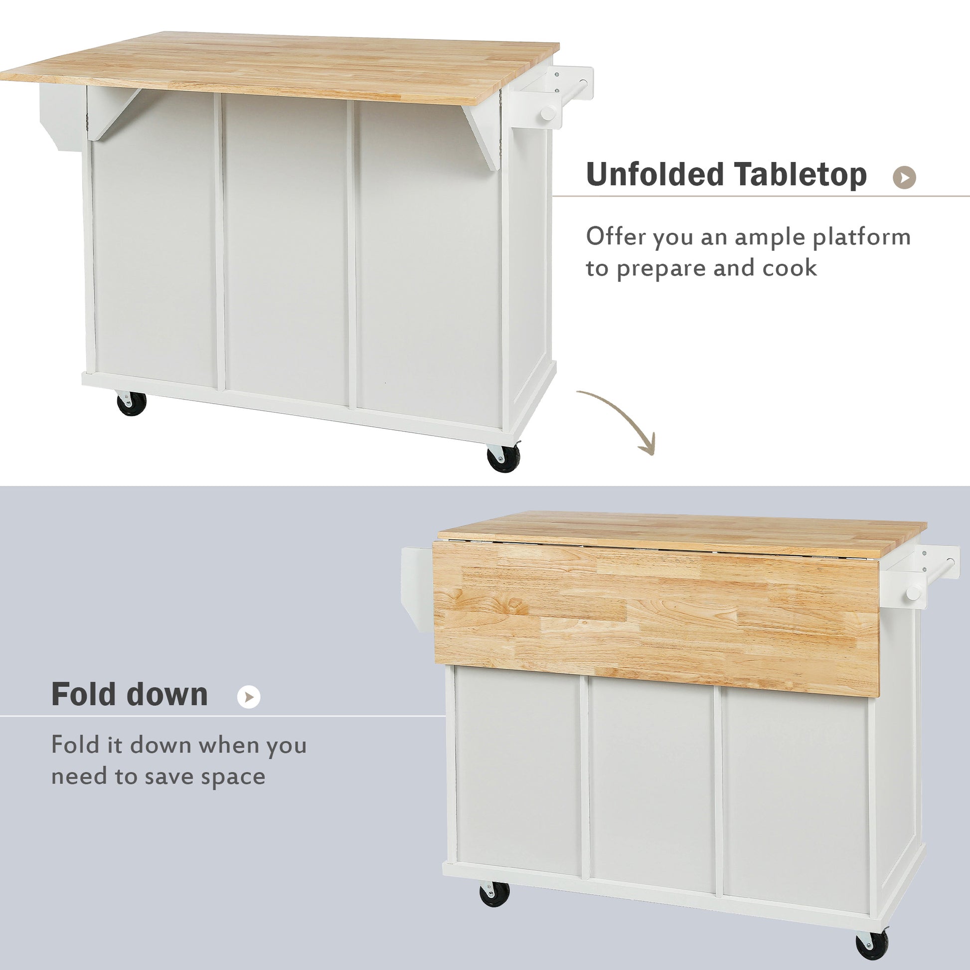 Kitchen Cart with Rubber Wood Drop-Leaf Countertop - White - detail view 5