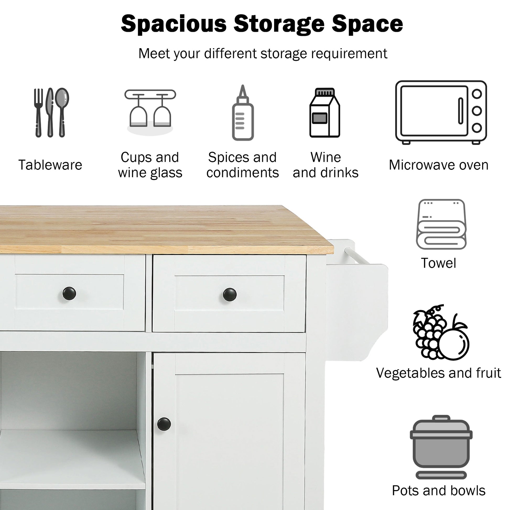 Kitchen Cart with Rubber Wood Drop-Leaf Countertop - White - detail view 6