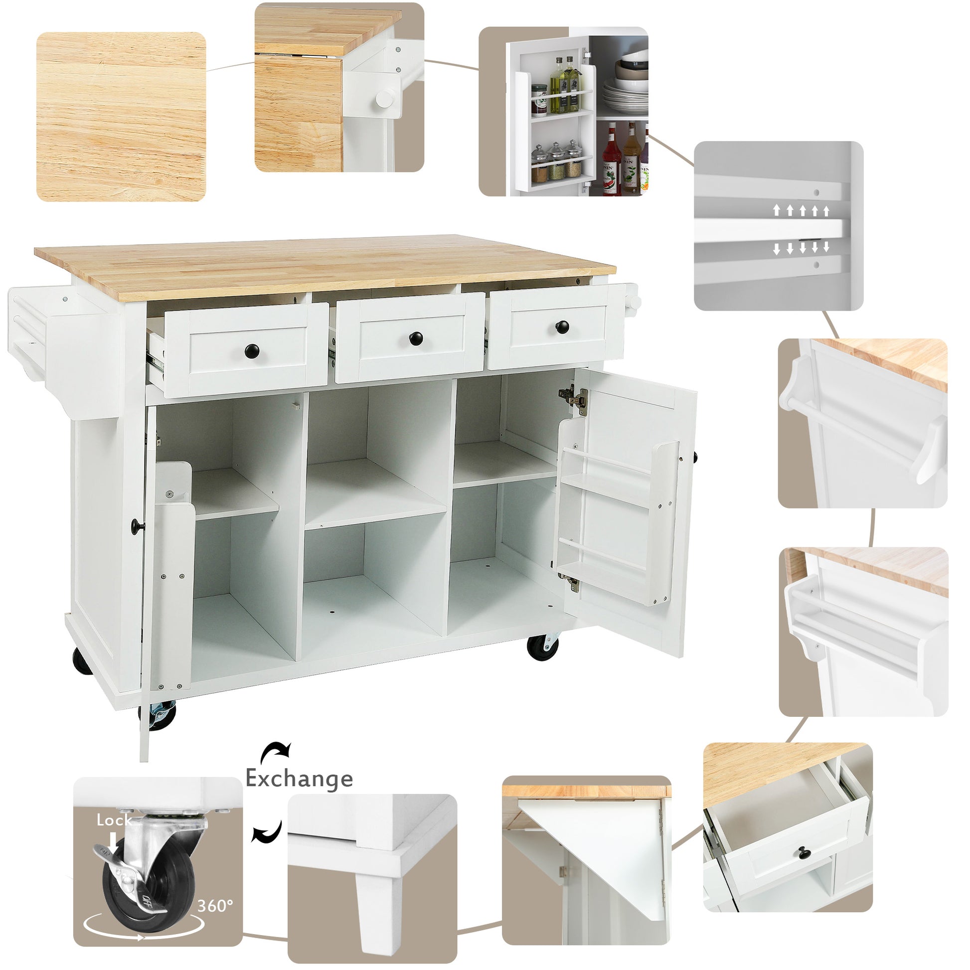 Kitchen Cart with Rubber Wood Drop-Leaf Countertop - White - detail view 8