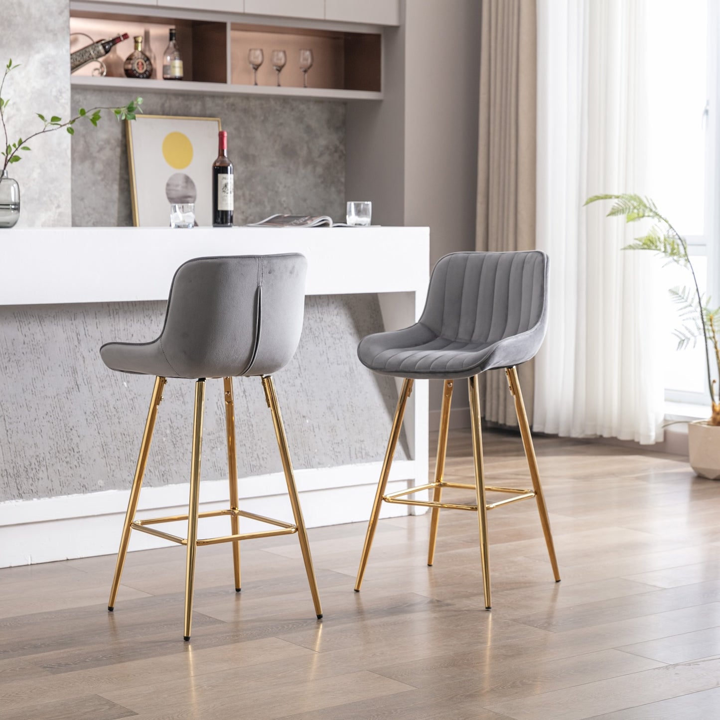 Edita 26" Velvet Bar Stools with Gold Legs (Set of 2) Gray Finally