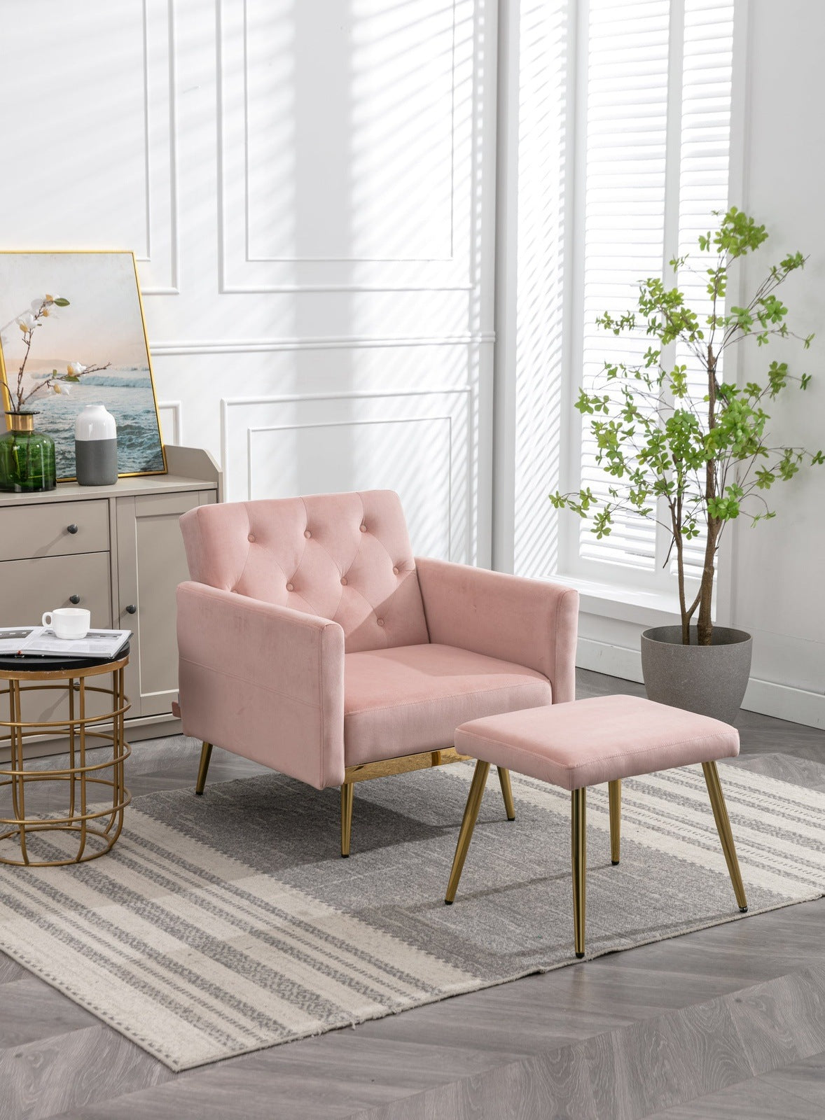 Kent Velvet Accent Chair & Ottoman with Rose Gold Legs - Pink