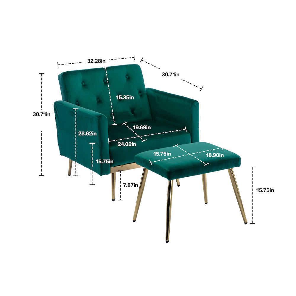 Kent Velvet Accent Chair & Ottoman with Rose Gold Legs - Emerald Green