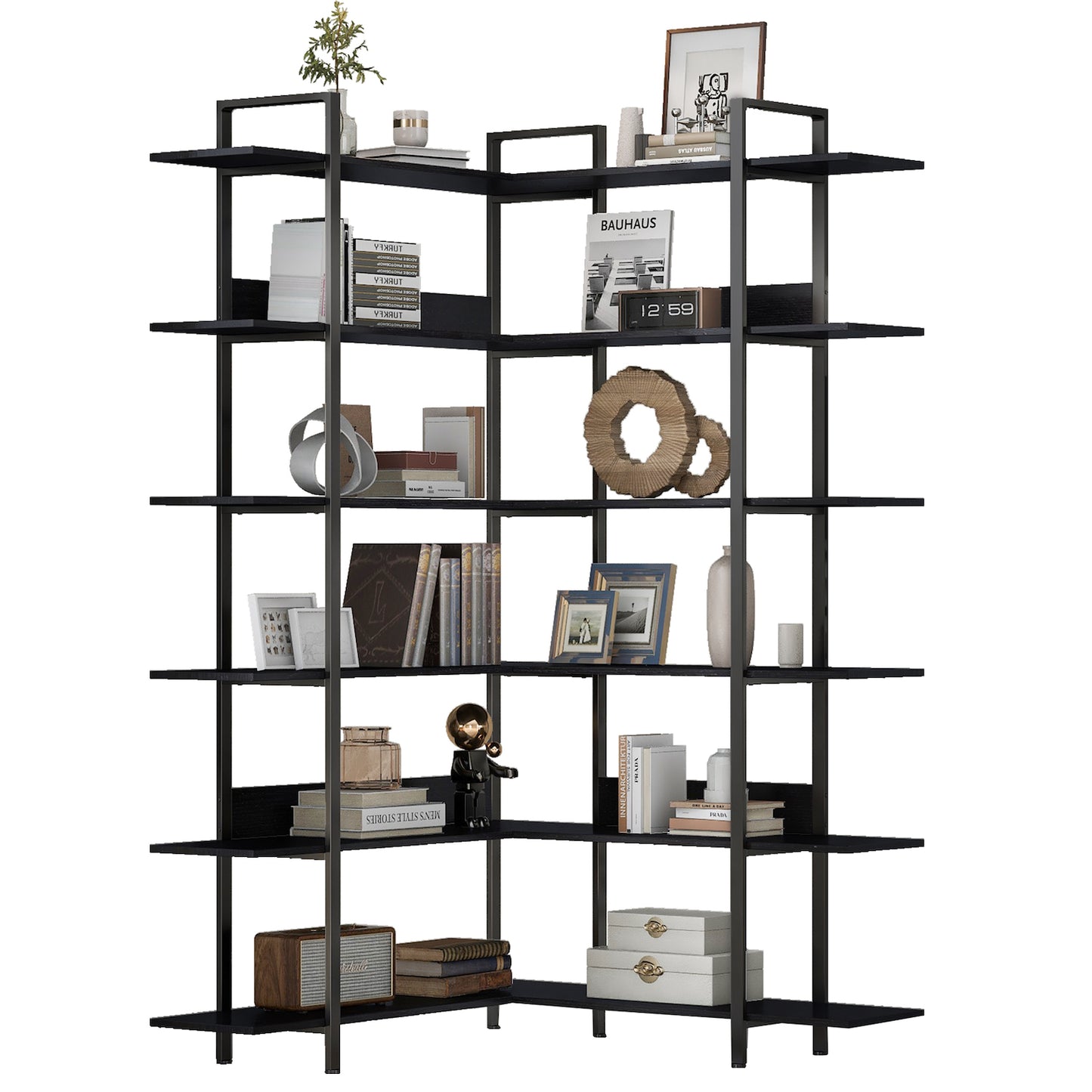 BY Furniture 75" Modern Black Corner Bookshelf