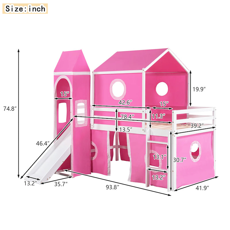 Lucky Twin Size Bunk Bed with Slide - Pink