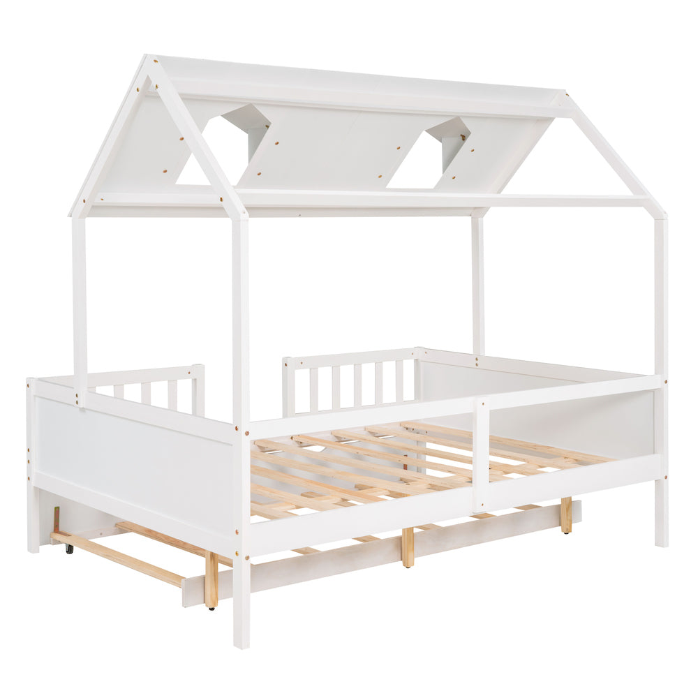 Lucky Full Size House Bed with Twin Trundle - White