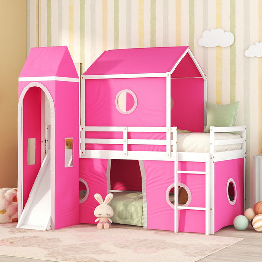 Lucky Full Size Bunk Bed with Slide - Pink