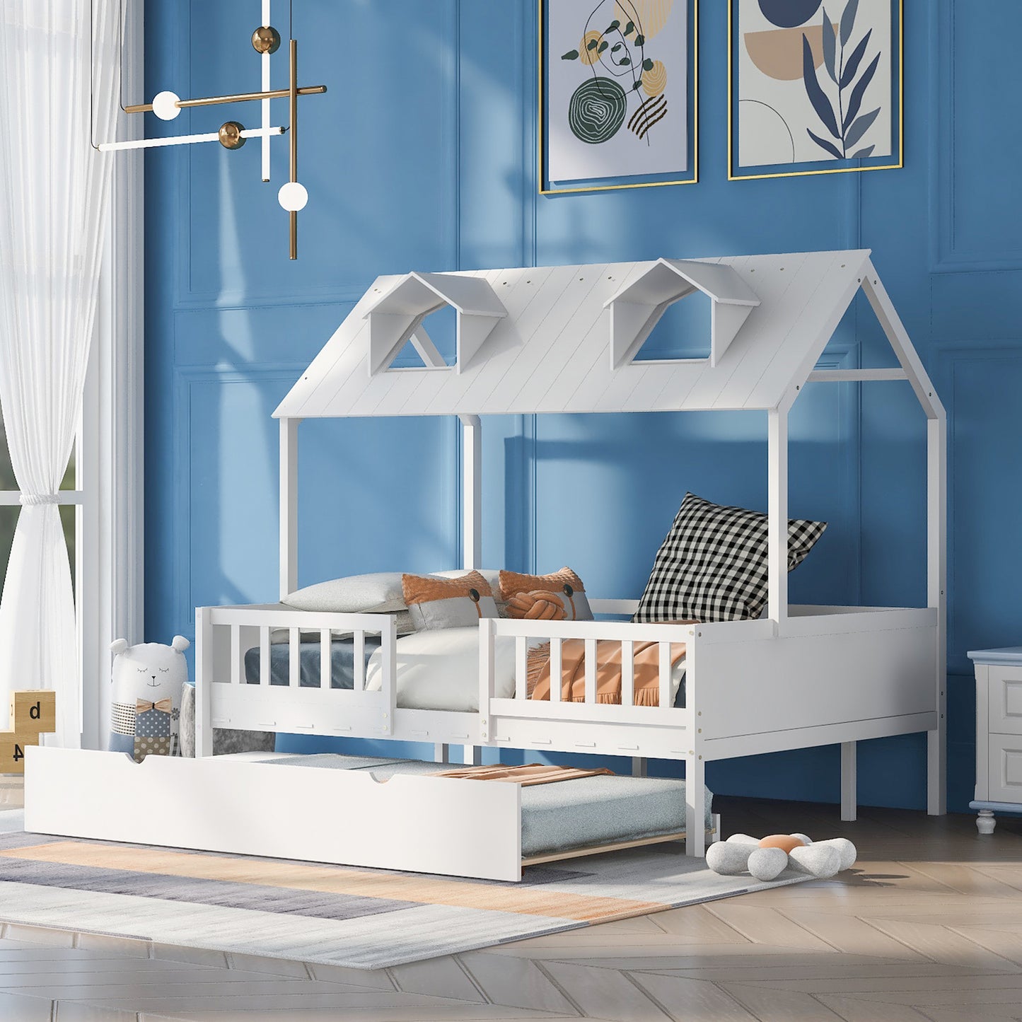 Lucky Full Size House Bed with Twin Trundle - White