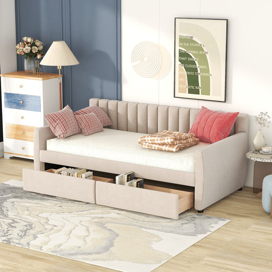 Lucky Channel Tufted Velvet Daybed with Storage Drawers - Beige