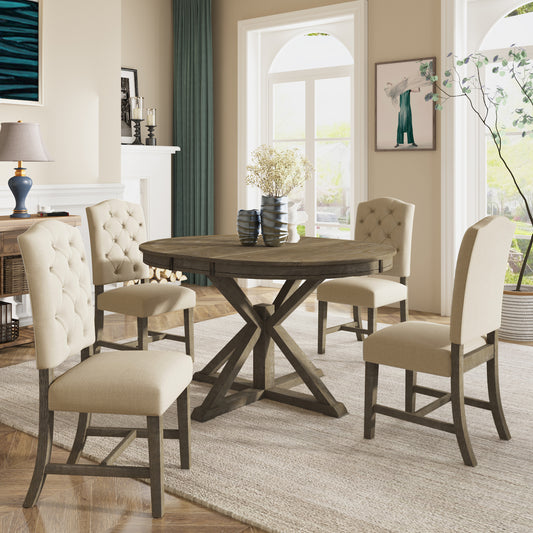 Trexm Transitional 5-Piece Dining Set in Natural Finish with Beige Chairs