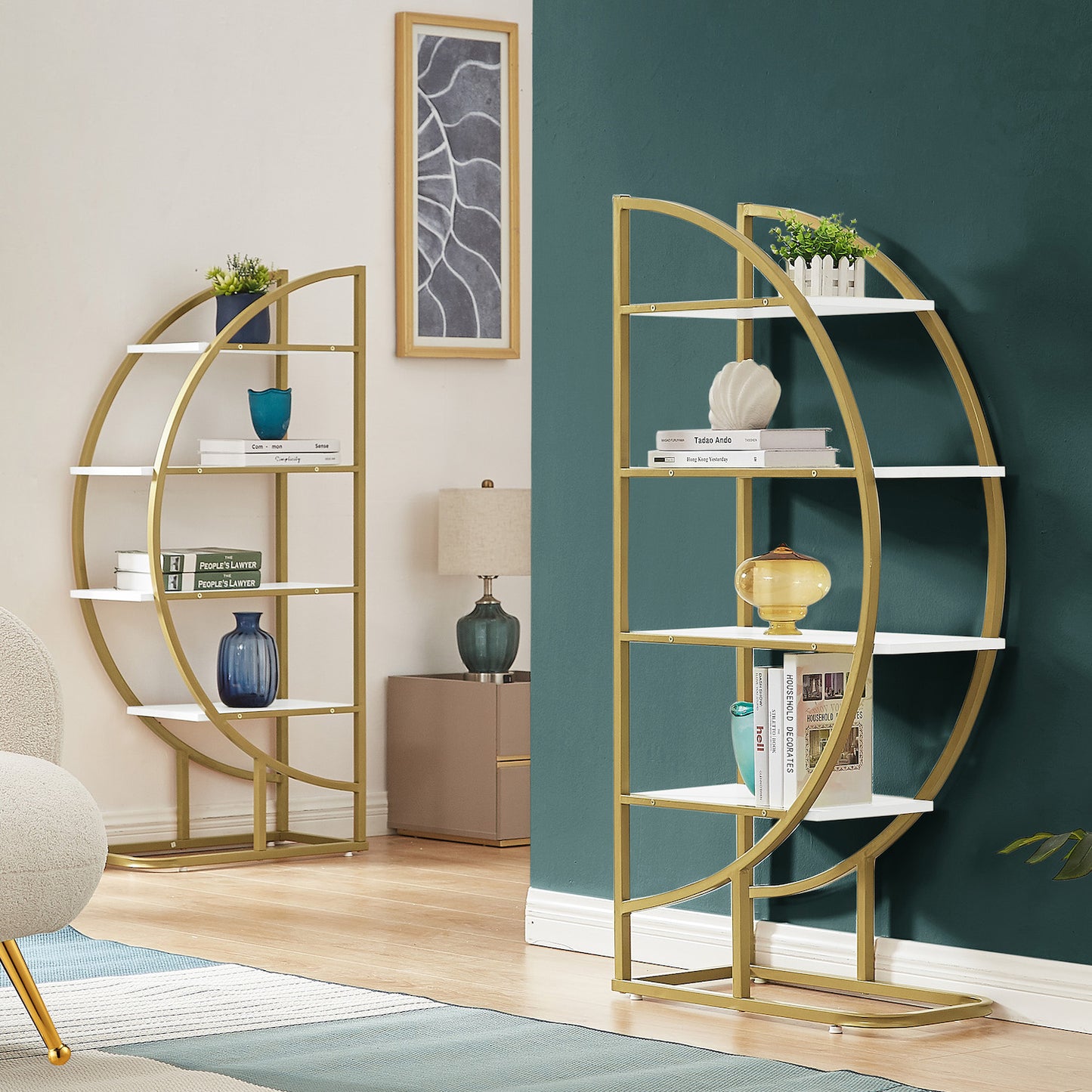 BY Furniture 4-Tier Split Bookcase - White & Gold