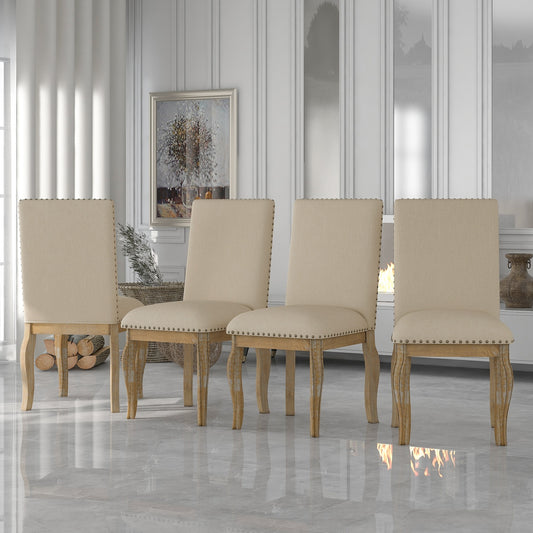 TREXM Set of 4 Dining chairs Wood Upholstered Fabric Dining Room Chairs with Nailhead Natural Wood Wash
