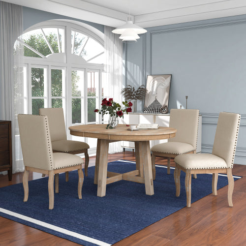 TREXM Farmhouse 5 Pc Round Extendable Dining Table Set - Natural Wood Wash