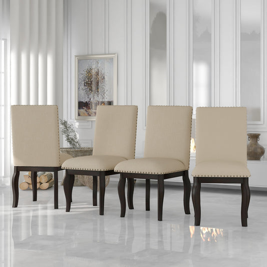 TREXM Set of 4 Dining chairs Wood Upholstered Fabirc Dining Room Chairs with Nailhead Espresso