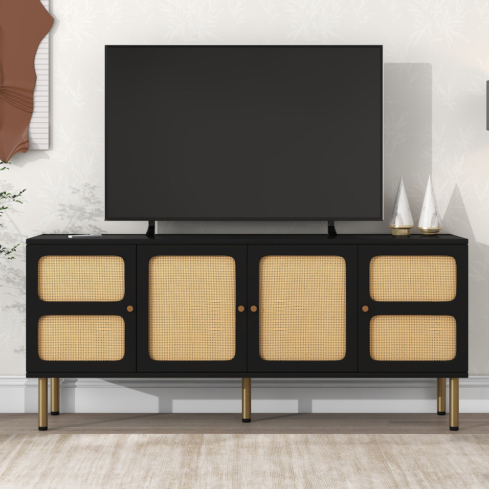 On-Trend Boho Style TV Stand with Rattan Doors & Gold Legs - Black