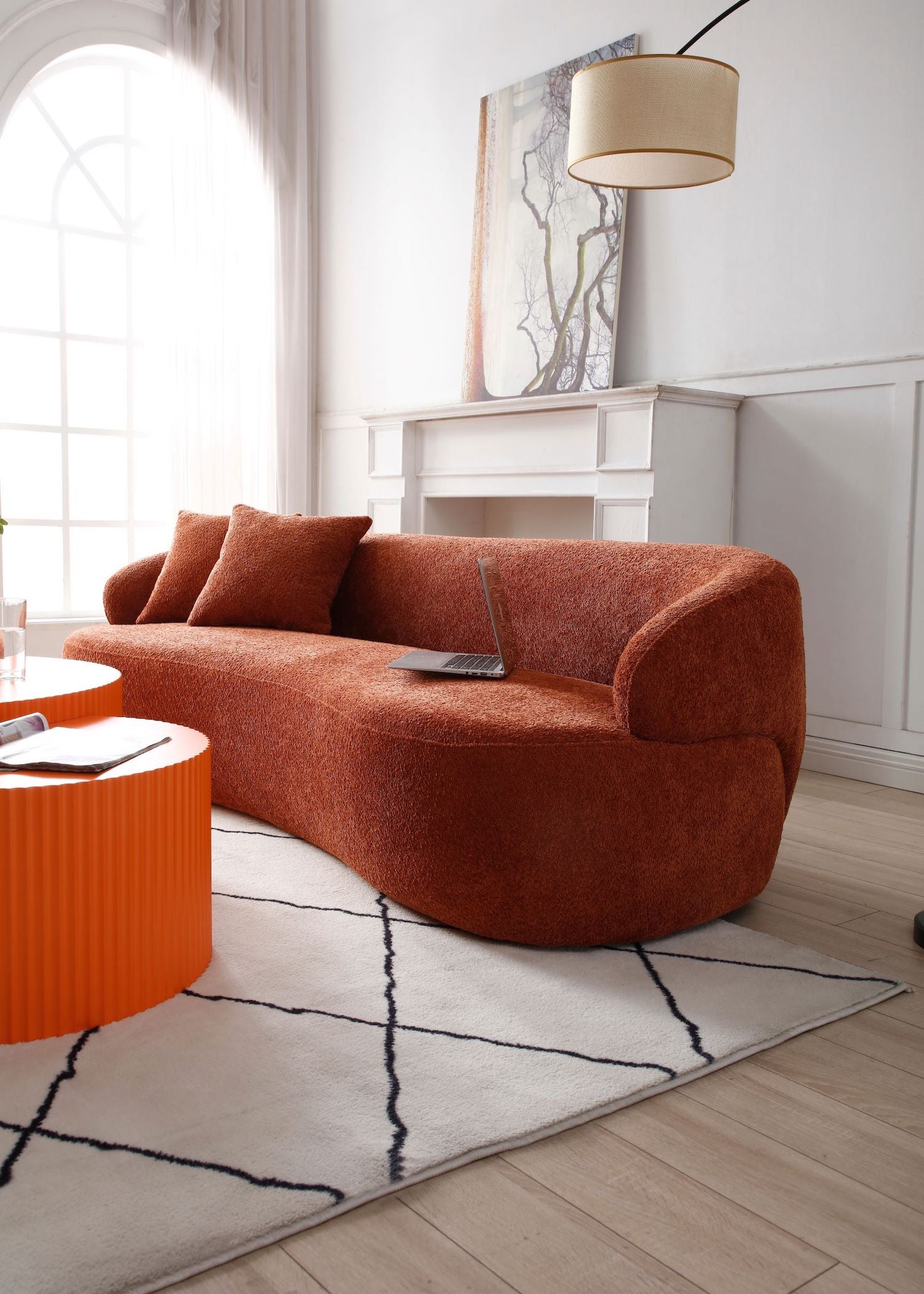 Justone Mid Century Modern Curved Sofa in Orange Boucle Upholstery