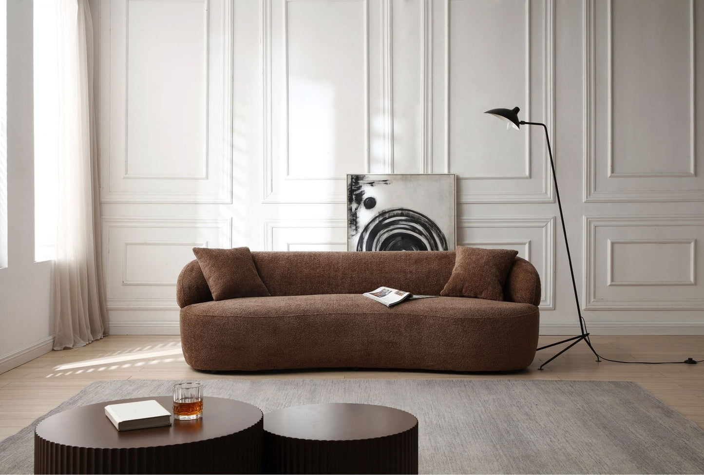 Justone Mid Century Modern Curved Sofa in Dark Brown Boucle Upholstery