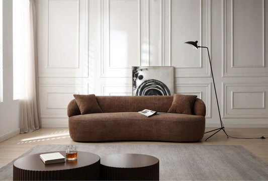 Justone Mid Century Modern Curved Sofa in Dark Brown Boucle Upholstery